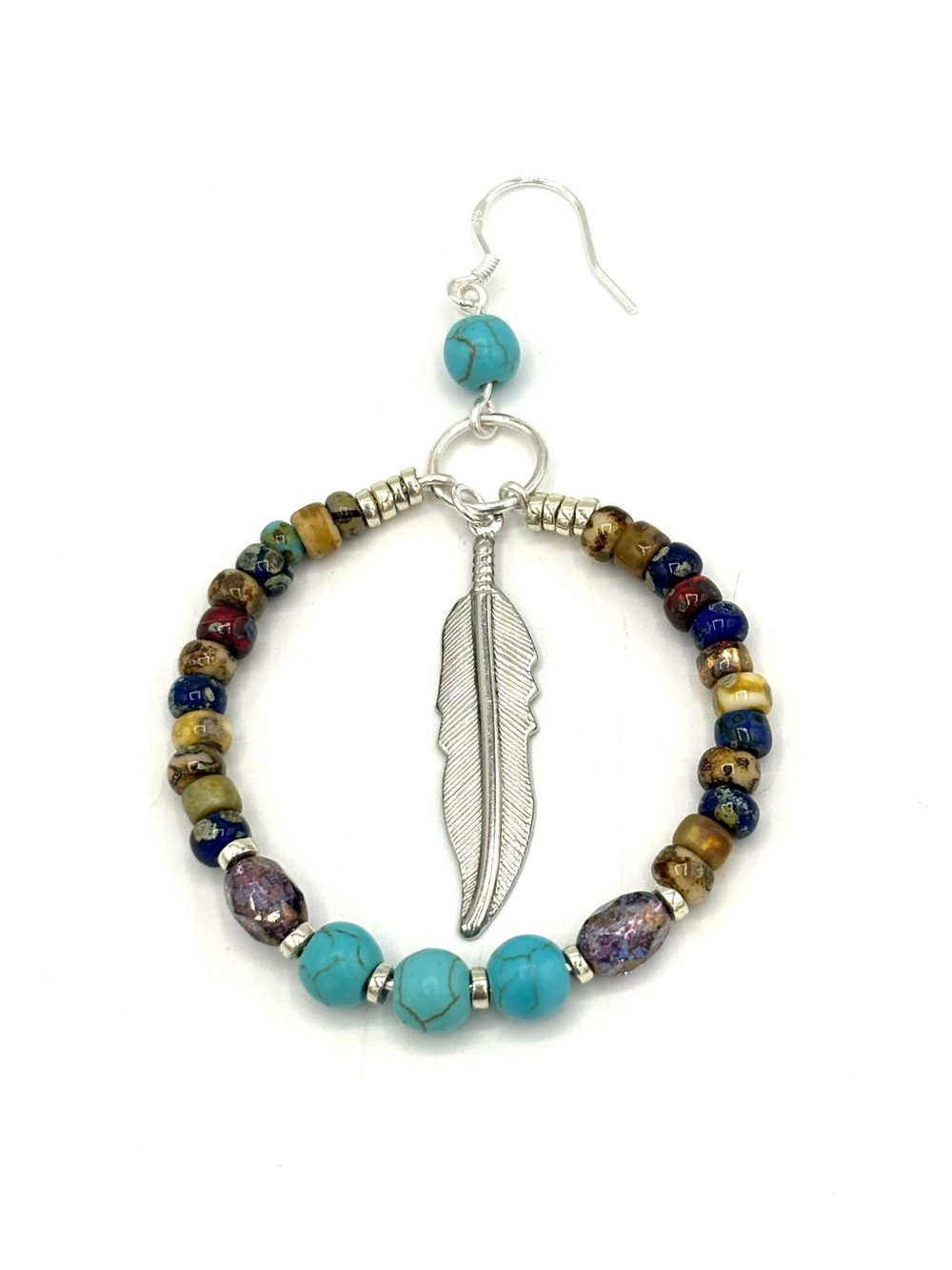 Hand Crafted Turquoise Howlite Beaded Feather Hoop Earrings - Women Jewelry - Picture 7 of 8